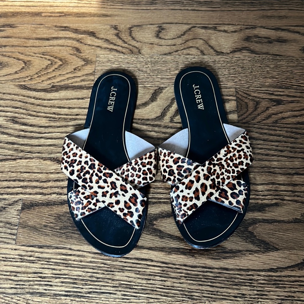 J. Crew Animal Print Cow Hair Slide sandals. Flat. Size 9